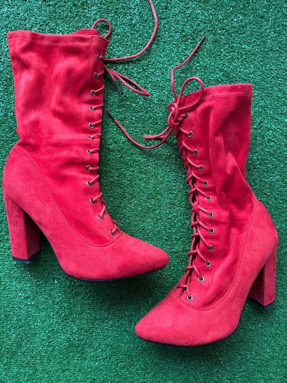 Public Desire Red Suede Lace-Up Block Heel Boots